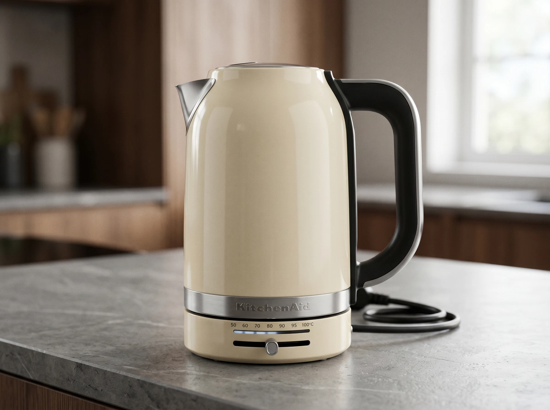 KitchenAid 5KEK1701EAC кремовый в интерьере кухни — сочетание с деревом и светлой столешницей