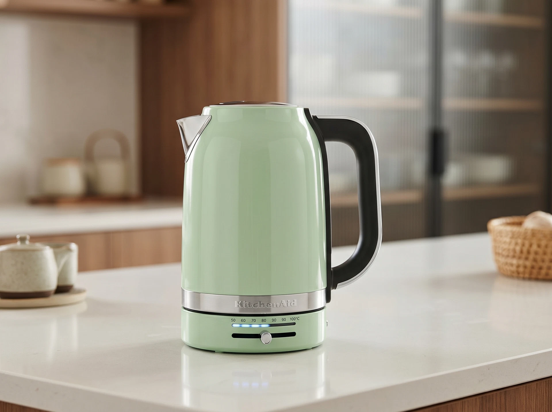 KitchenAid 5KEK1701EPT фисташковый в интерьере кухни — ретро-стиль, металлическая отделка