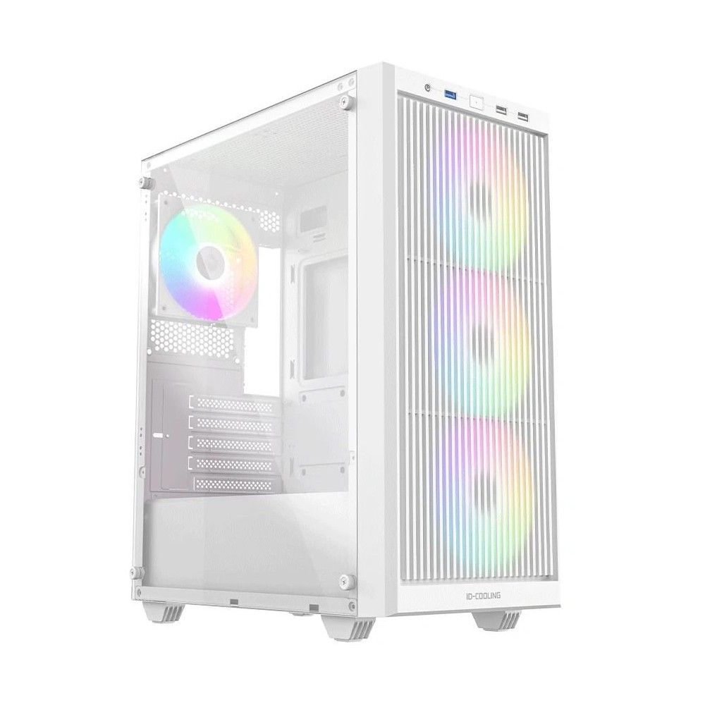 ID-Cooling WARE 310 ARGB белый корпус вид спереди с ARGB-вентилятором и закалённым стеклом