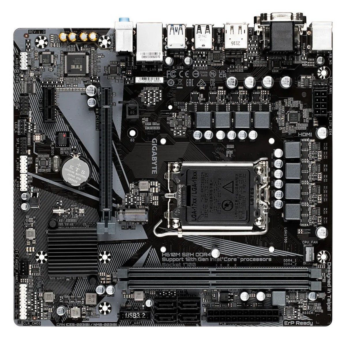 Gigabyte H610M S2H DDR4 компактный mATX — расположение разъёмов SATA, M.2, слотов DDR4 и задней панели ввода-вывода