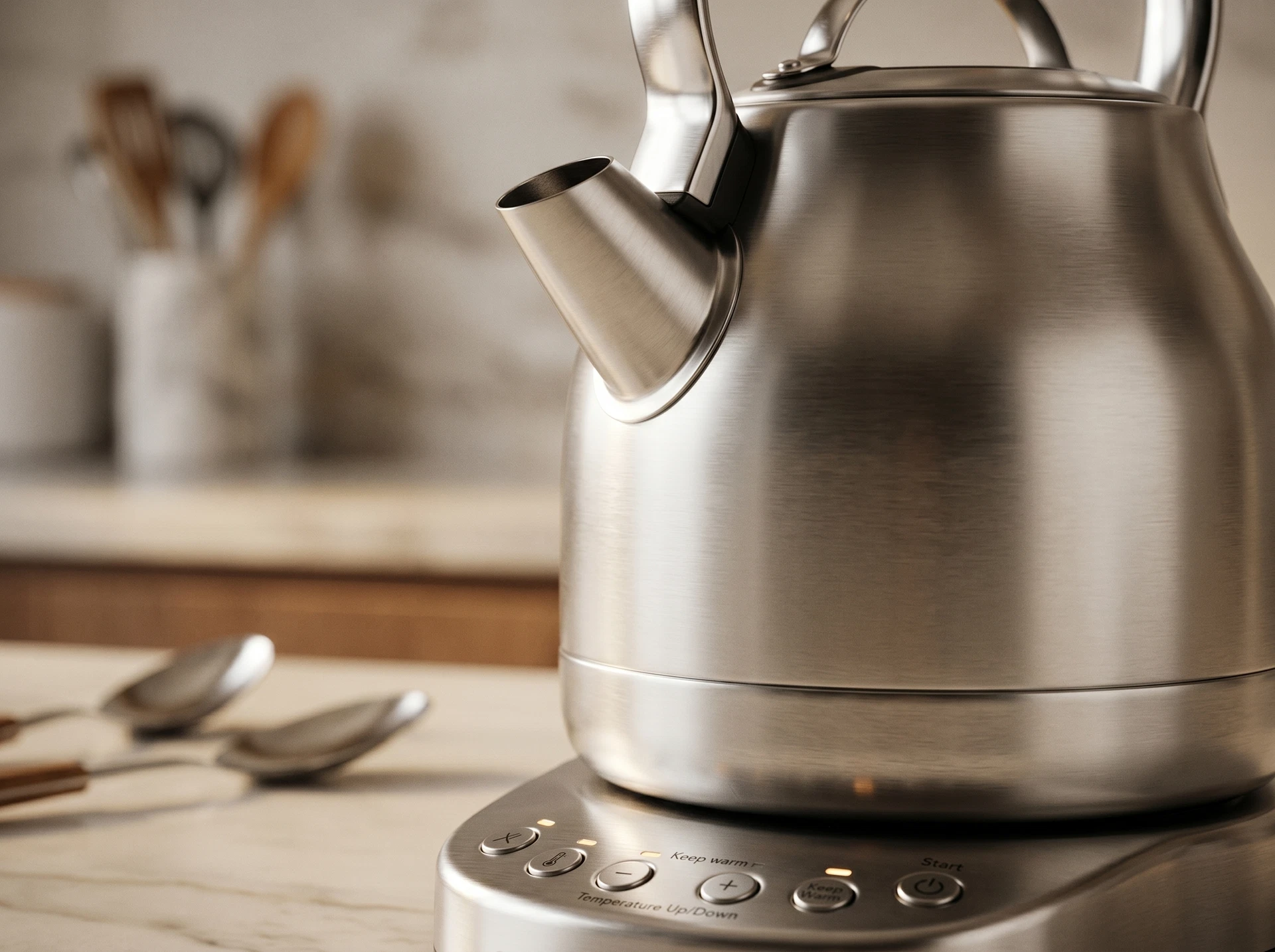 KitchenAid 5KEK1222ESX серебристый — боковой профиль, металлический носик и кнопочная панель управления