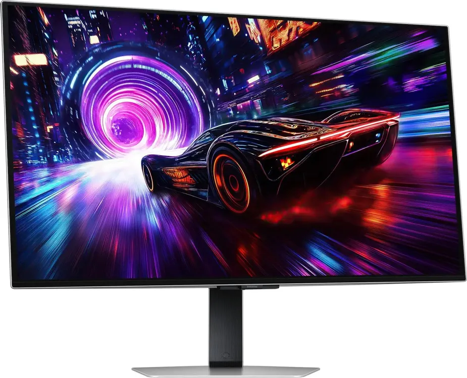 Samsung Odyssey LS32FG812SIXCI вид спереди, экран с гоночным автомобилем в неоновом городе