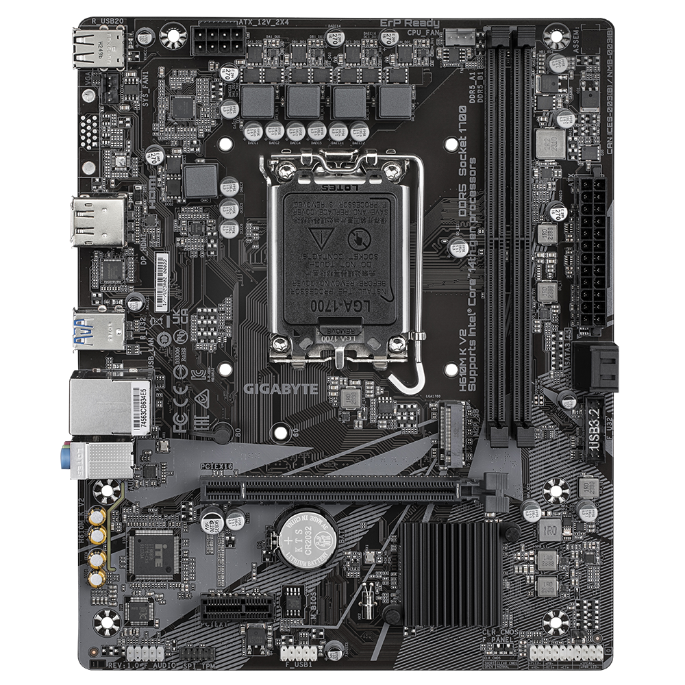 Gigabyte H610M K V2 материнская плата вид сверху — сокет LGA 1700, слоты DDR5 и разъёмы питания