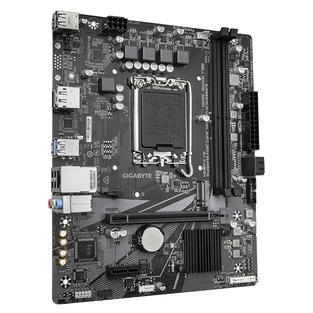 Gigabyte H610M K V2 вид в перспективе — разъёмы USB на задней панели, сокет LGA 1700 и слот PCIe x16