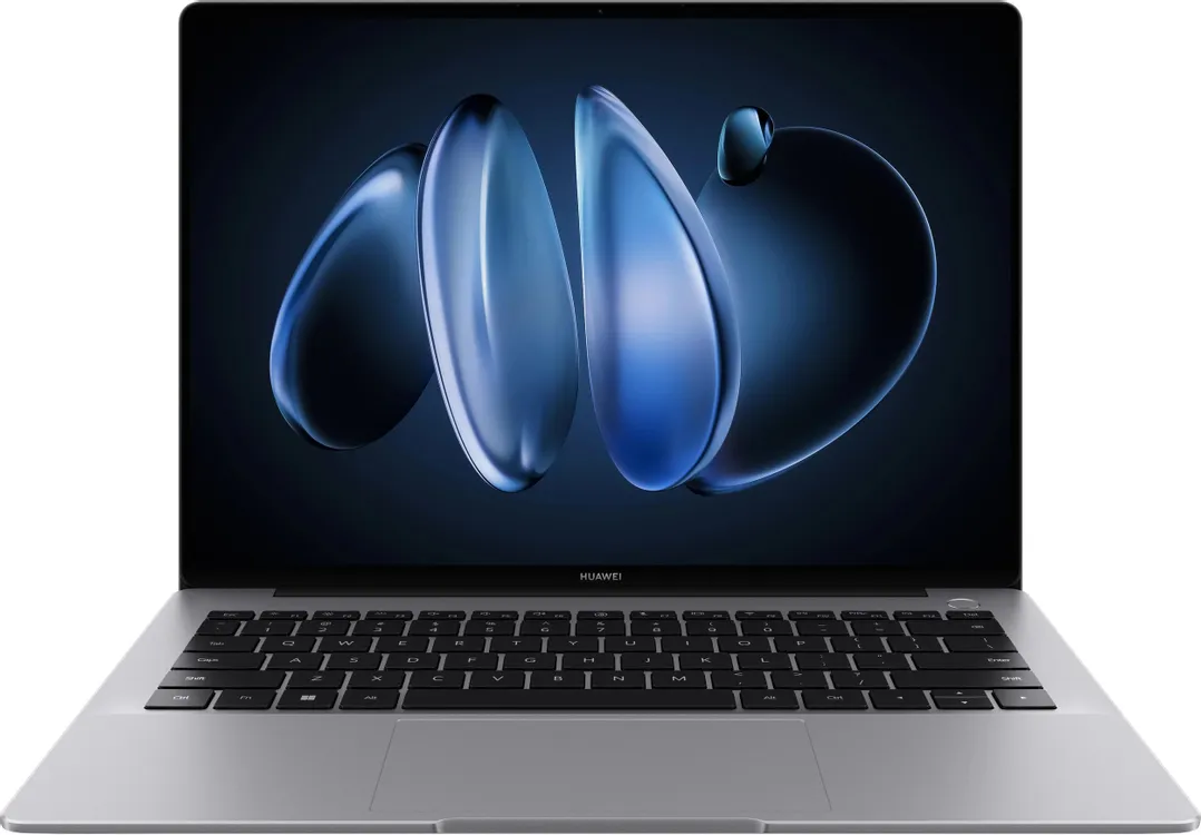 Huawei MateBook 14 Core Ultra 7 155H вид спереди, OLED-экран с абстрактной 3D-графикой