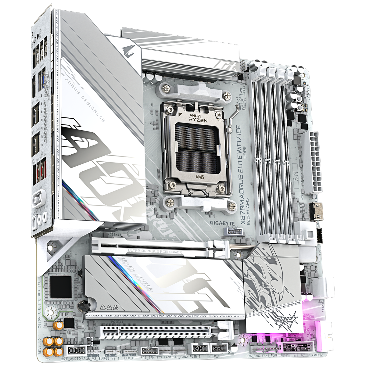 Gigabyte X870M Aorus Elite WiFi7 Ice вид под углом — VRM подсистема, разъёмы расширения, серо-белый дизайн