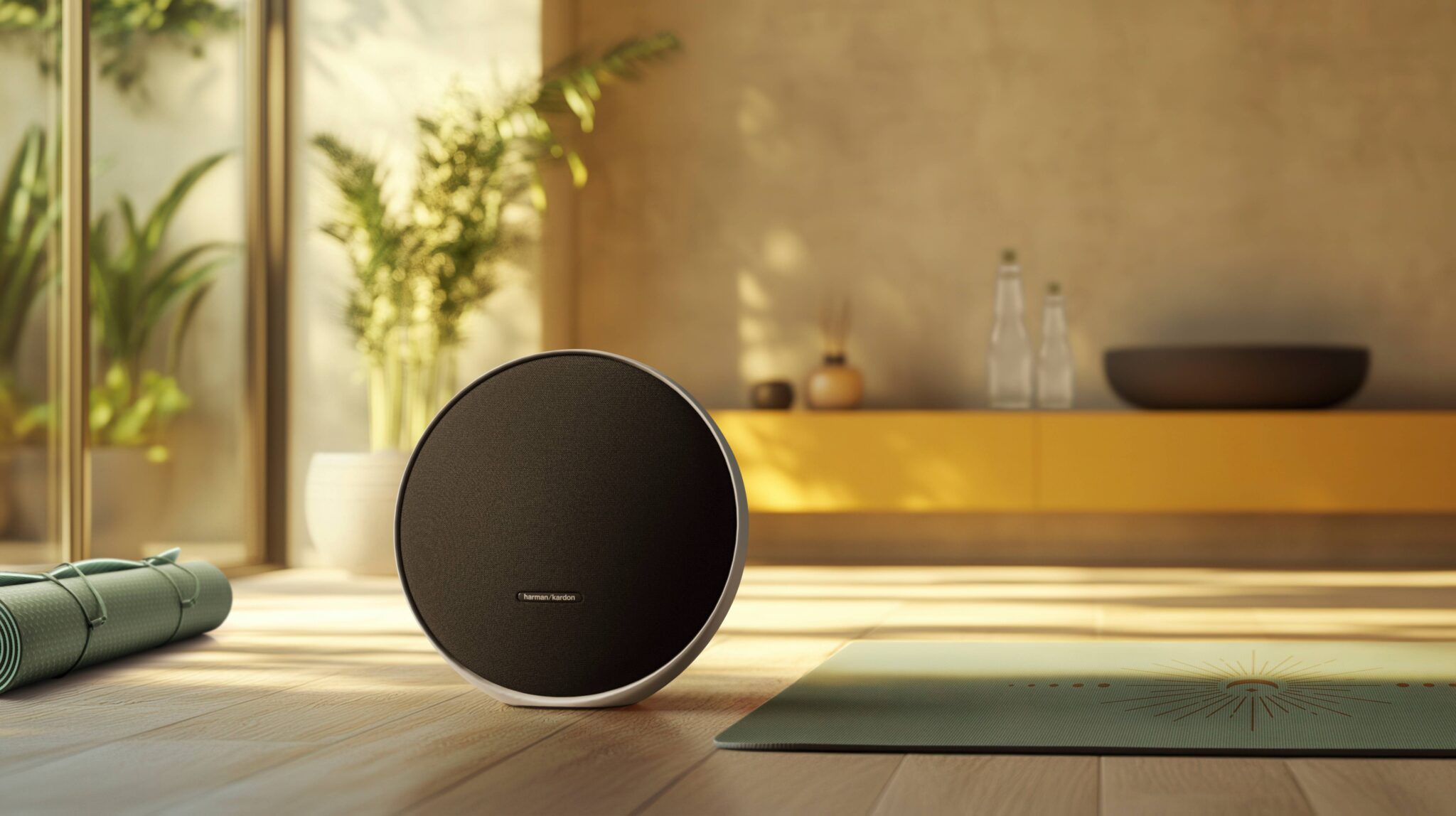 Harman Kardon Onyx Studio 9 серый — вид спереди, тканевая отделка и алюминиевая рама
