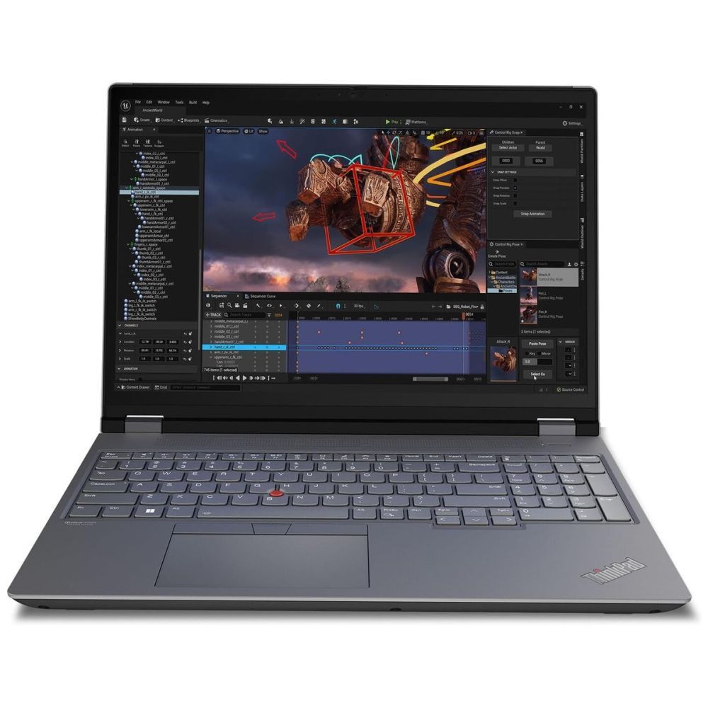 Lenovo ThinkPad P16 G2 открытый ноутбук с Adobe Premiere Pro на экране — вид спереди