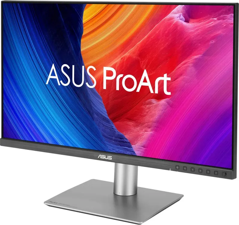 ASUS ProArt PA32QCV боковой профиль — тонкая панель, серебристая регулируемая подставка