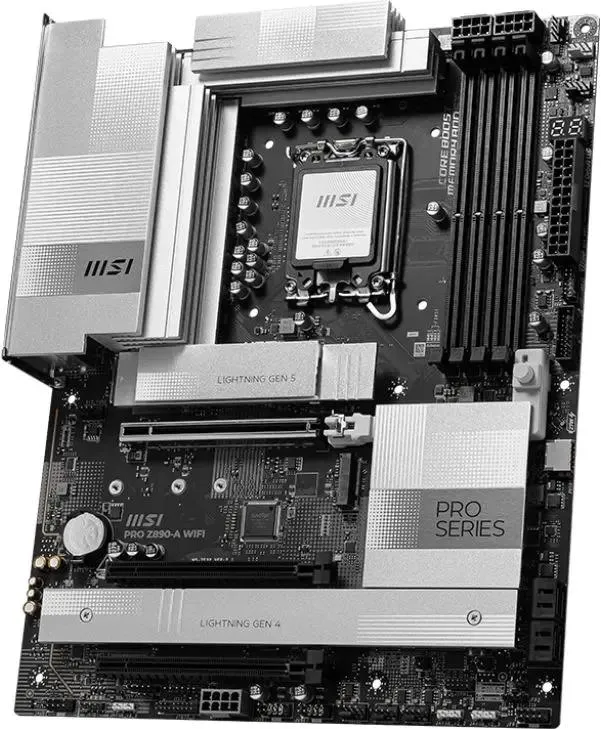 MSI PRO Z890-A WIFI полный вид — слоты оперативной памяти DDR5, разъёмы M.2 и задняя панель ввода-вывода