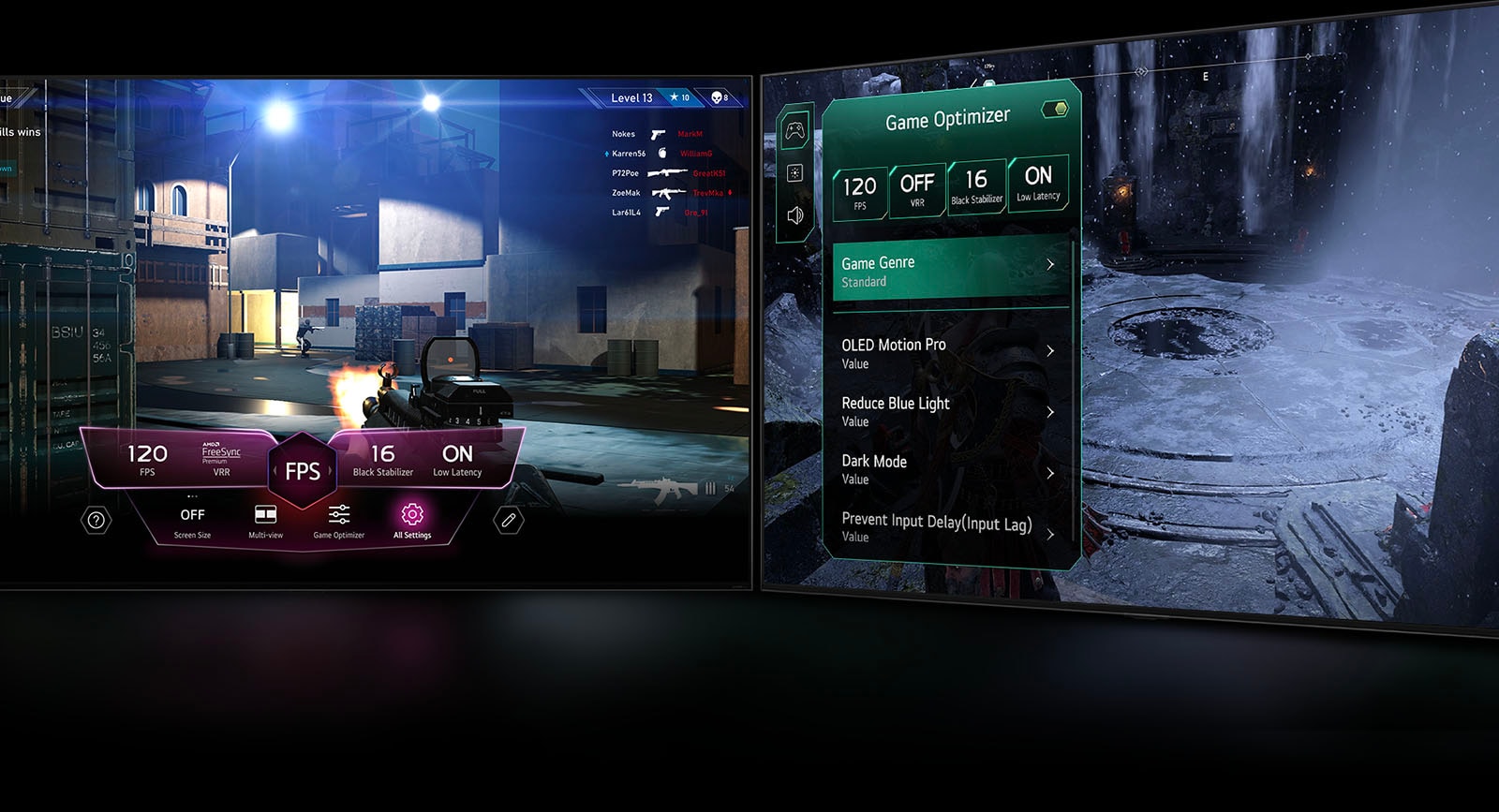 Сцена из шутера от первого лица с появлением меню Game Dashboard поверх экрана во время игрового процесса. Темная зимняя сцена с меню Game Optimizer, появляющимся поверх игры.