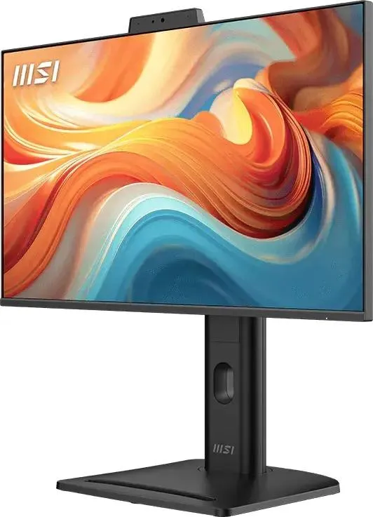 MSI PRO MP245PDG E14 вид спереди под углом с логотипом MSI и демонстрацией цветопередачи на экране