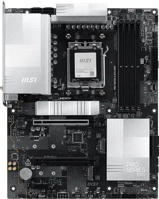 MSI PRO X870E-S EVO WIFI разъёмы M.2 слоты памяти и VRM охлаждение вид спереди