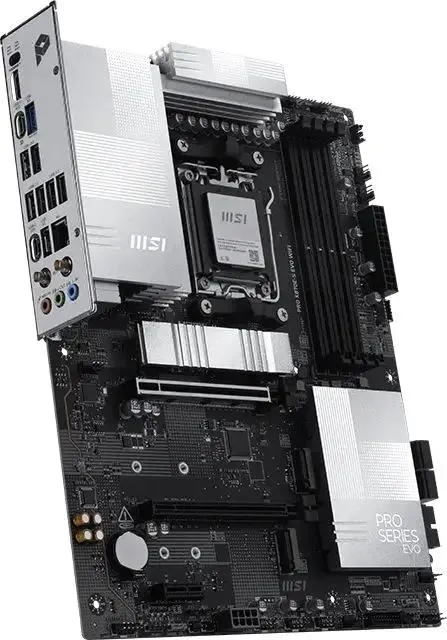 MSI PRO X870E-S EVO WIFI изометрический вид слоты расширения сокет AM5 система охлаждения VRM