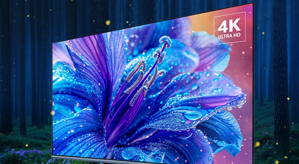Haier 50 Smart TV S2 Pro — вид под углом, логотип 4K Ultra HD, природный пейзаж на экране
