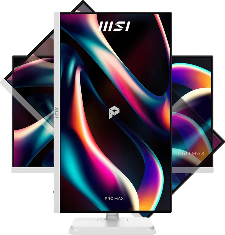 MSI PRO MAX 271QPHW E14 коллаж с разных ракурсов показывает корпус и панель монитора