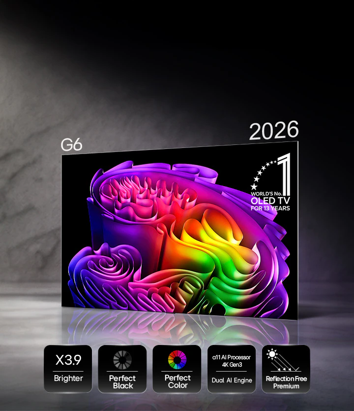 LG OLED evo AI G6 на базе Hyper Radiant Color Tech отображает на экране яркое абстрактное изображение в стиле бумажного искусства со значками: пиковая яркость в 3,9 раз выше, Perfect Black, Perfect Color, процессор alpha 11 AI 4K Gen3 Dual AI Engine, Reflection Free Premium.
