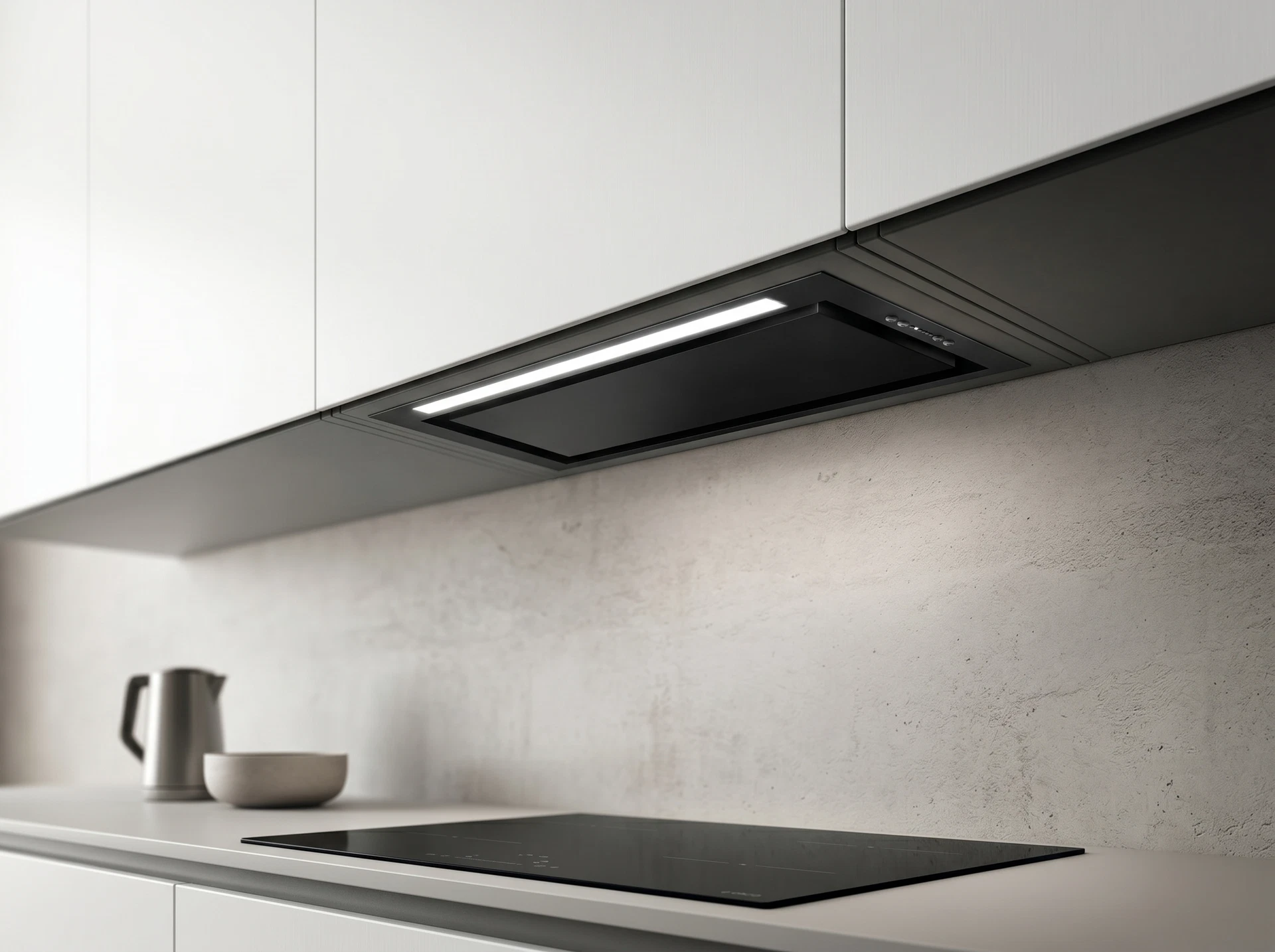 Elica Hidden 2.0 BL MAT/A/72 интегрирована в кухонный гарнитур — интерьерный вид скрытой вытяжки