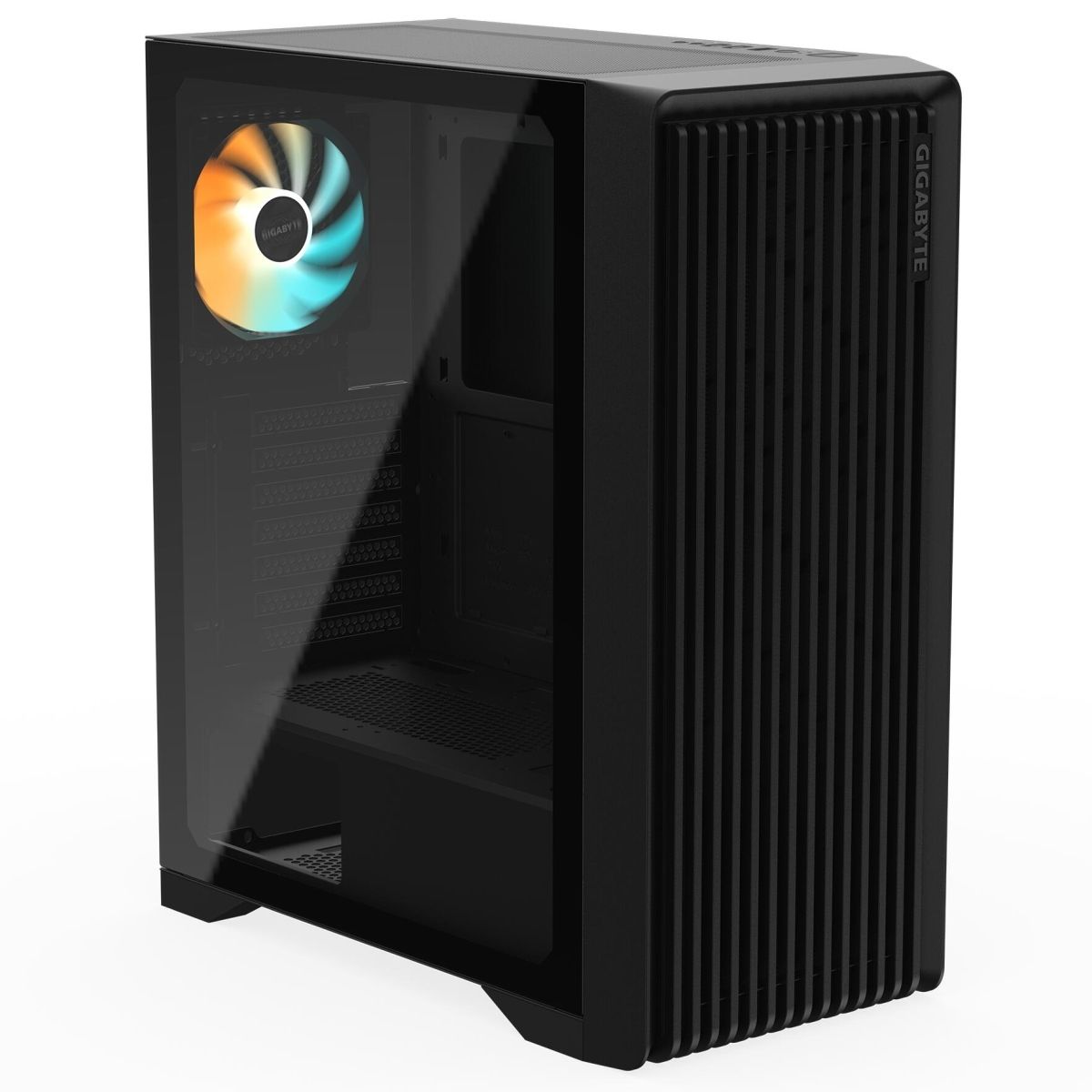 Gigabyte C103G открытая боковая панель — вид на внутреннее пространство и RGB-вентилятор