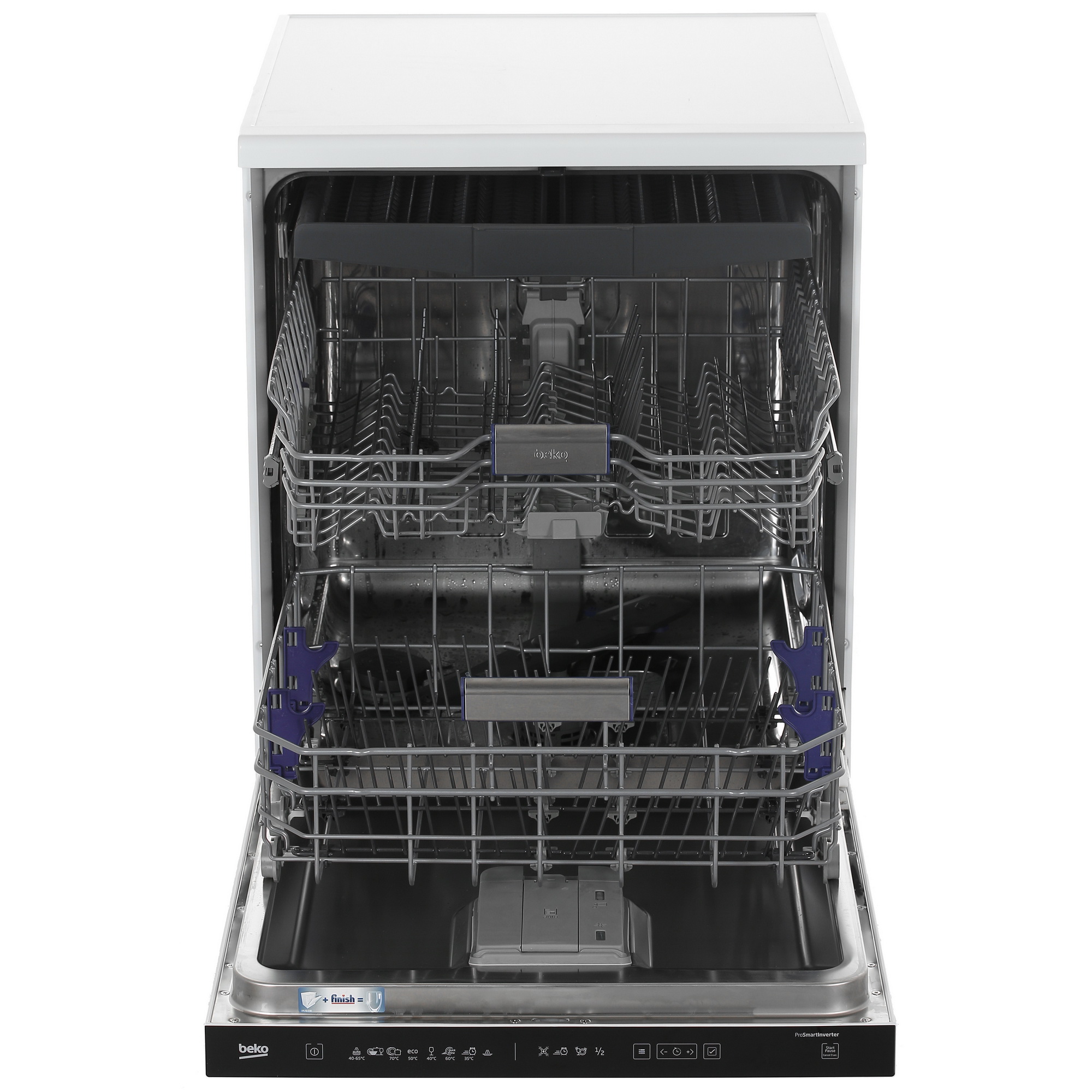 Beko DEN48522W внутренняя камера из нержавеющей стали с корзинами для посуды и третьим коробом