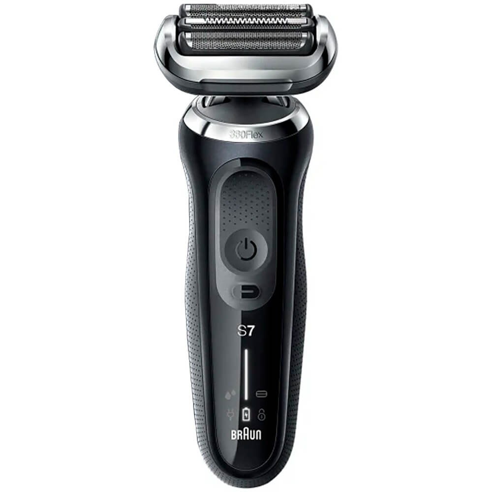 Braun 71-N1000S вид спереди — чёрный корпус с серебристой бритвенной головкой Series 7
