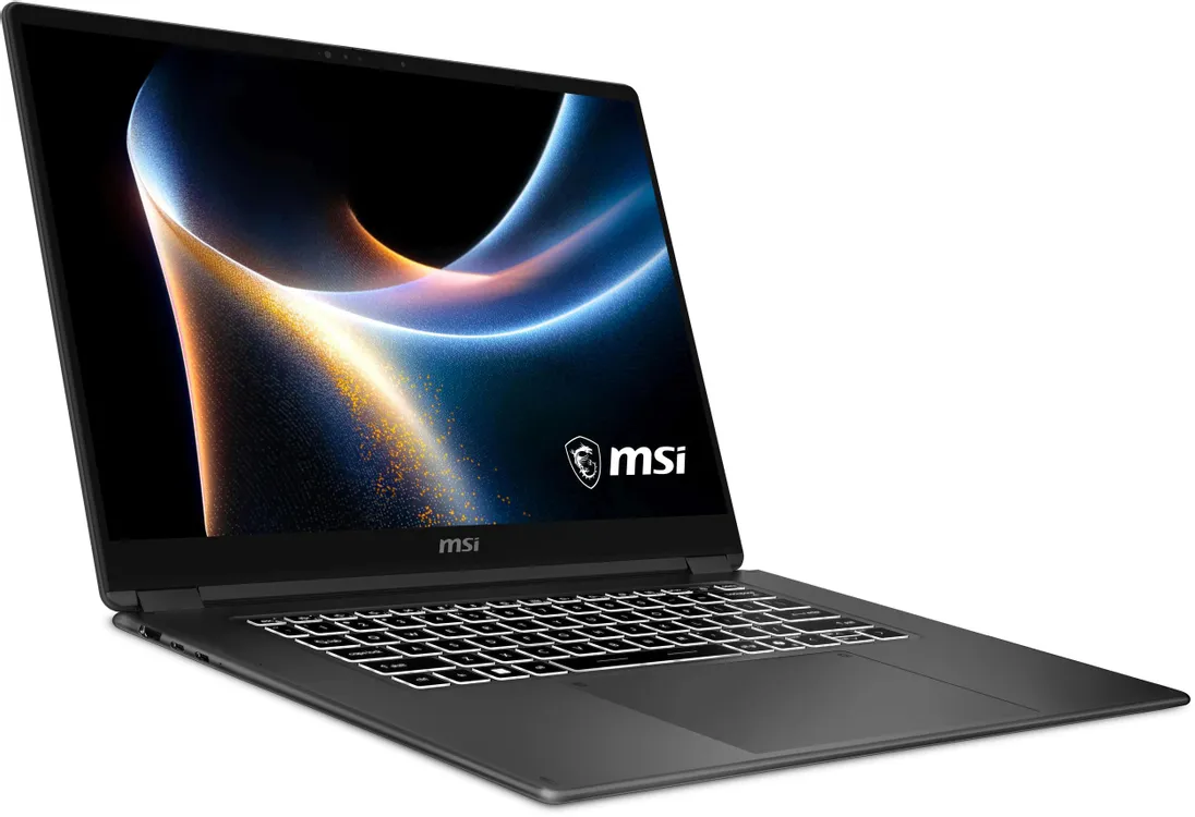 MSI Prestige 16 Flip AI+ вид спереди под углом — OLED-экран с логотипом MSI, клавиатура с подсветкой
