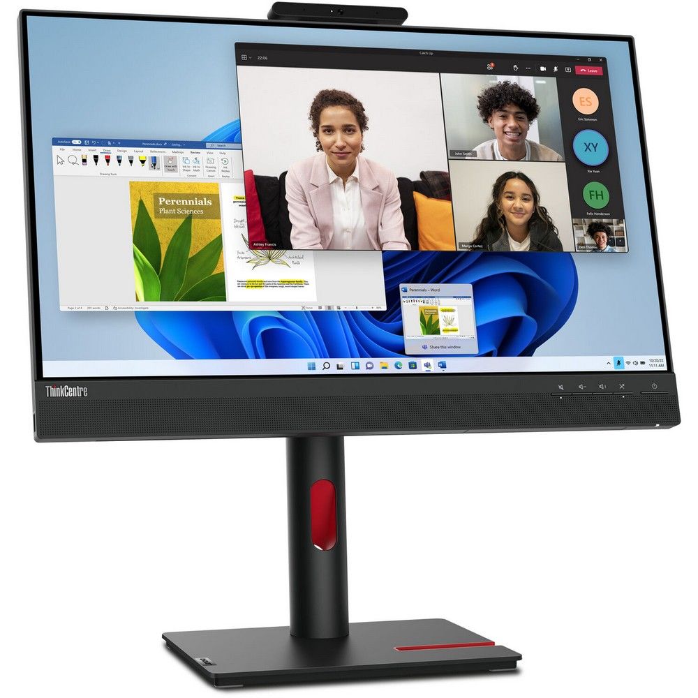 Lenovo ThinkCentre TIO24Gen5 вид спереди с видеоконференцией на экране и встроенной веб-камерой