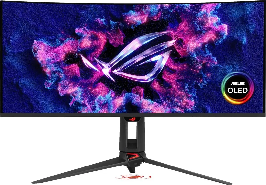 ASUS ROG Swift PG34WCDN вид спереди яркое изображение с логотипом ROG и круговым индикатором ASUS OLED