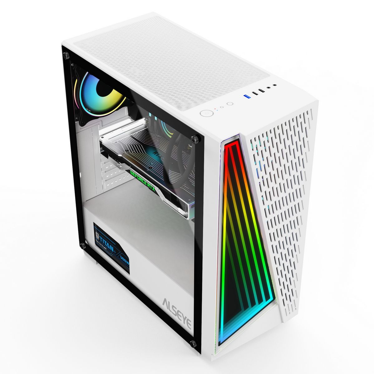 ALSEYE X3-W корпус Mid-Tower вид спереди-сбоку с открытой боковой панелью и RGB подсветкой