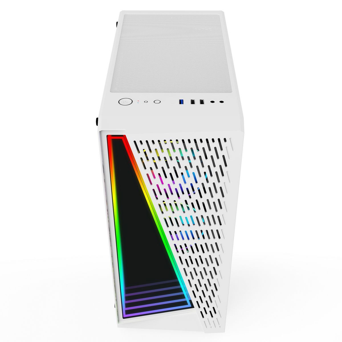 ALSEYE X3-W вид спереди с открытой сетчатой панелью &mdash; верхняя I/O панель с USB 3.0, USB 2.0 и аудиоразъёмом