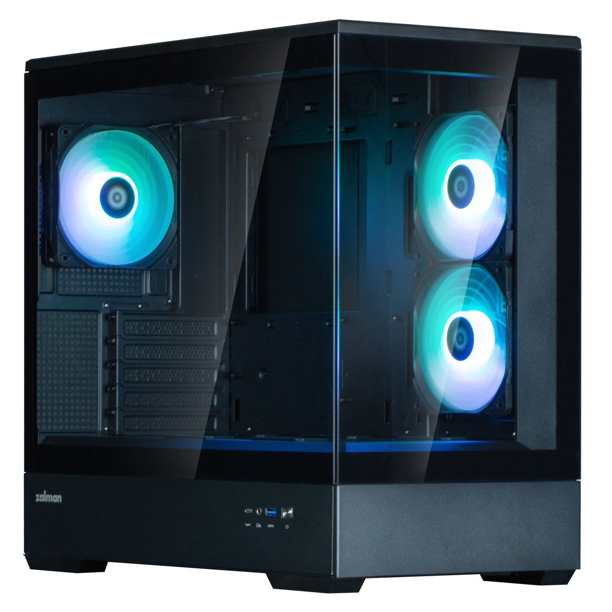 Zalman P30 V2 вид спереди три ARGB-вентилятора синяя подсветка
