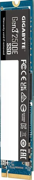 GIGABYTE Gen3 2500E 2TB вертикальный вид логотип GIGABYTE и сертификаты на боковой грани