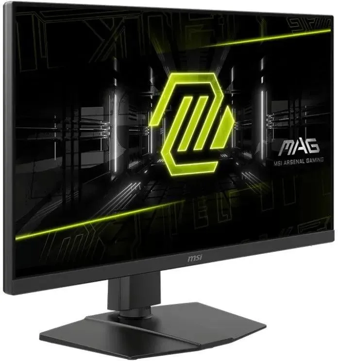 MSI MAG 272URDF E16 вид спереди и сбоку на подставке с неоновым логотипом на экране