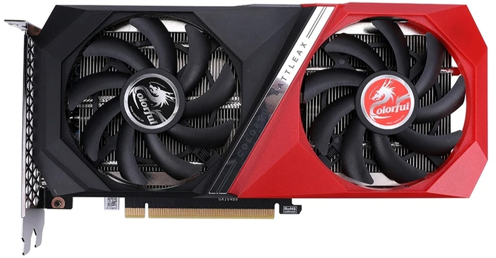 Colorful RTX 3060 NB DUO 12G V4 L-V вид спереди двухвентиляторный кулер красно-чёрный дизайн