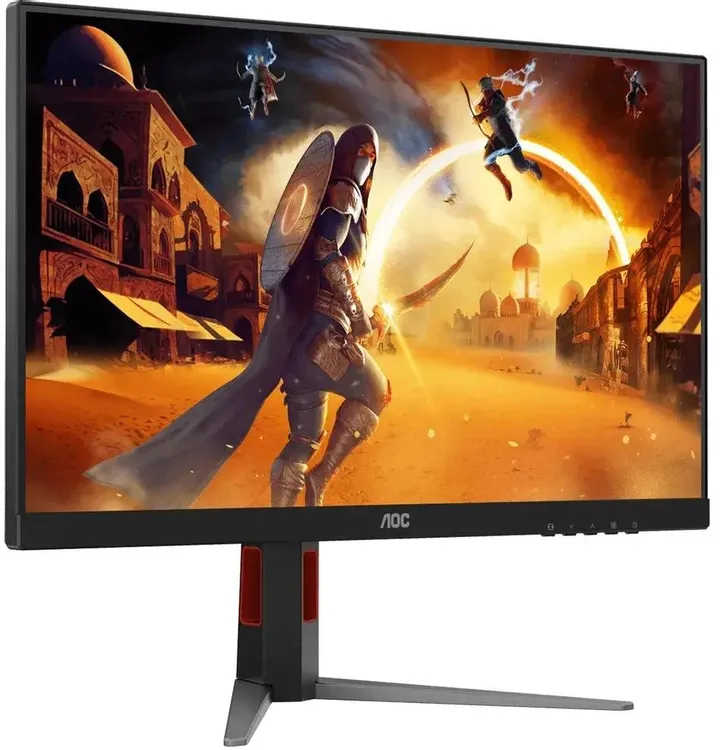 AOC Q27G4Z вид спереди-сбоку игровой монитор с красными акцентами и яркой игровой сценой на экране