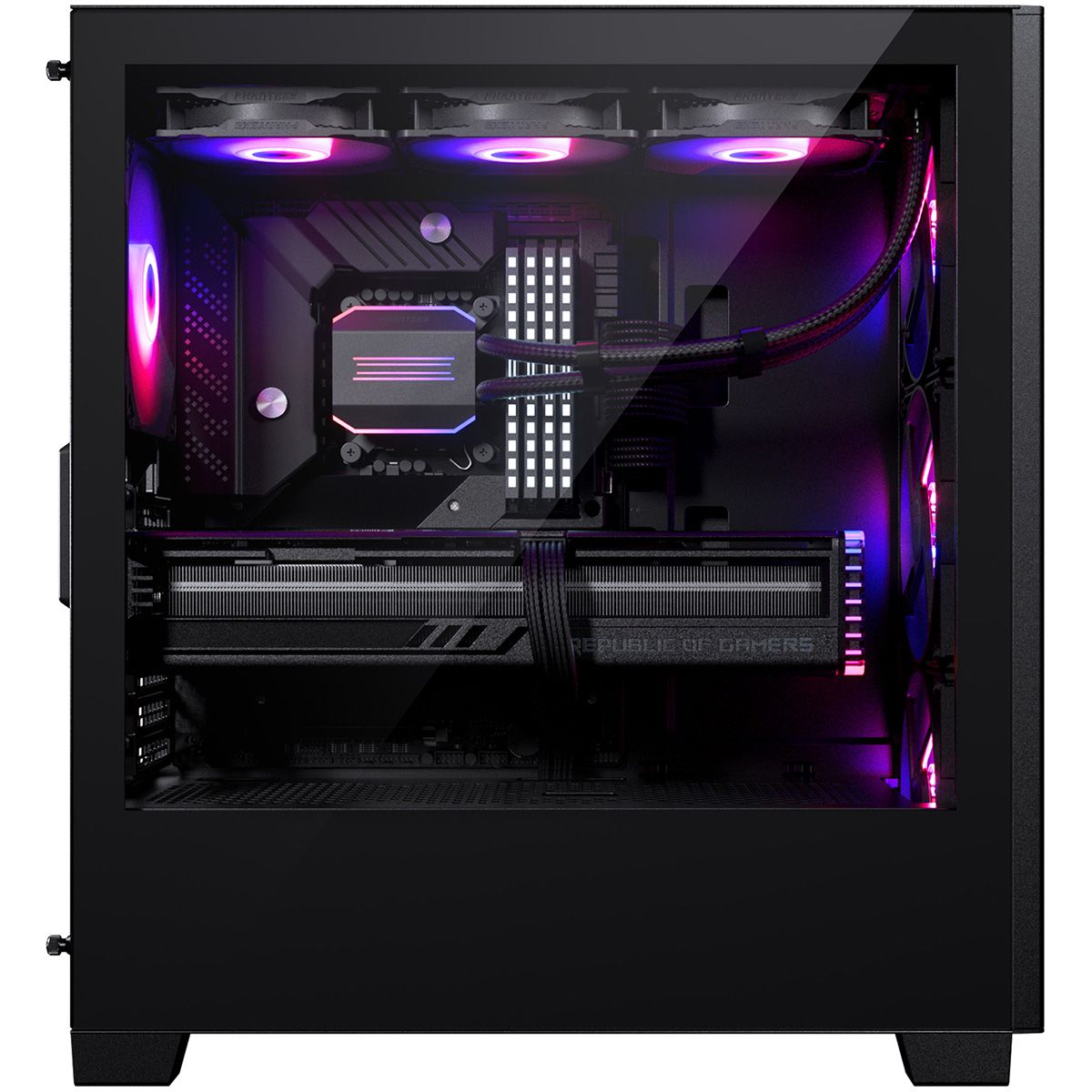 Phanteks 523 XT Pro Ultra открытый вид с материнской платой, видеокартой и СЖО