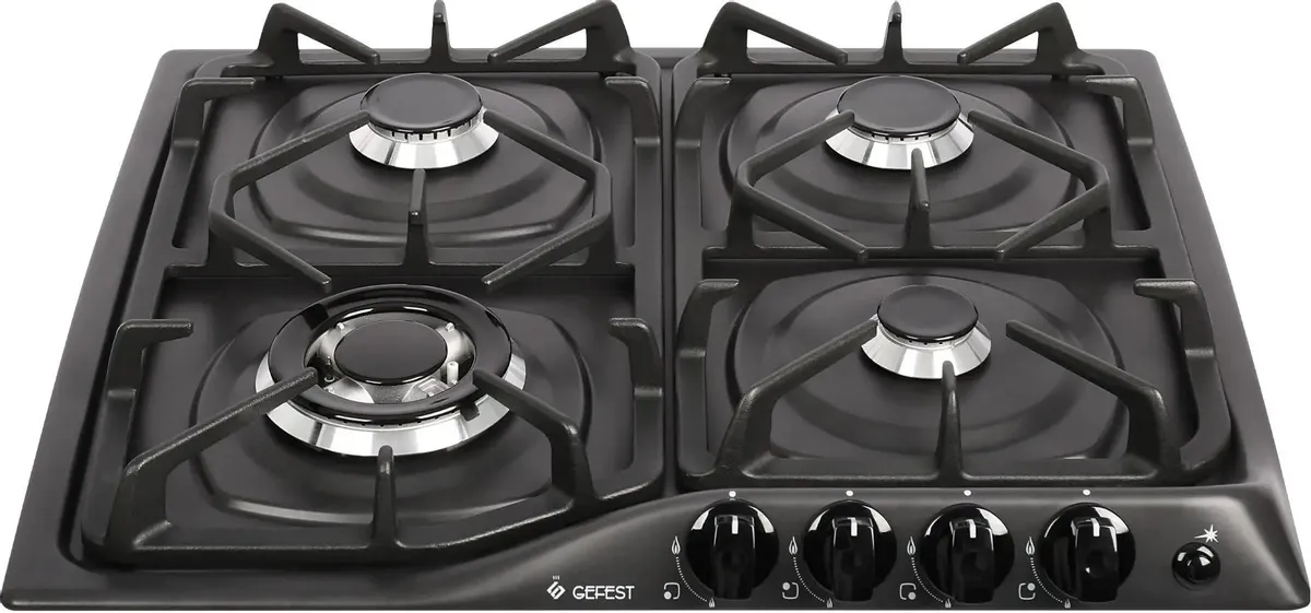 Gefest SG SN 1210-02 K2 Black вид сверху — четыре конфорки, чёрная эмаль, передние ручки управления