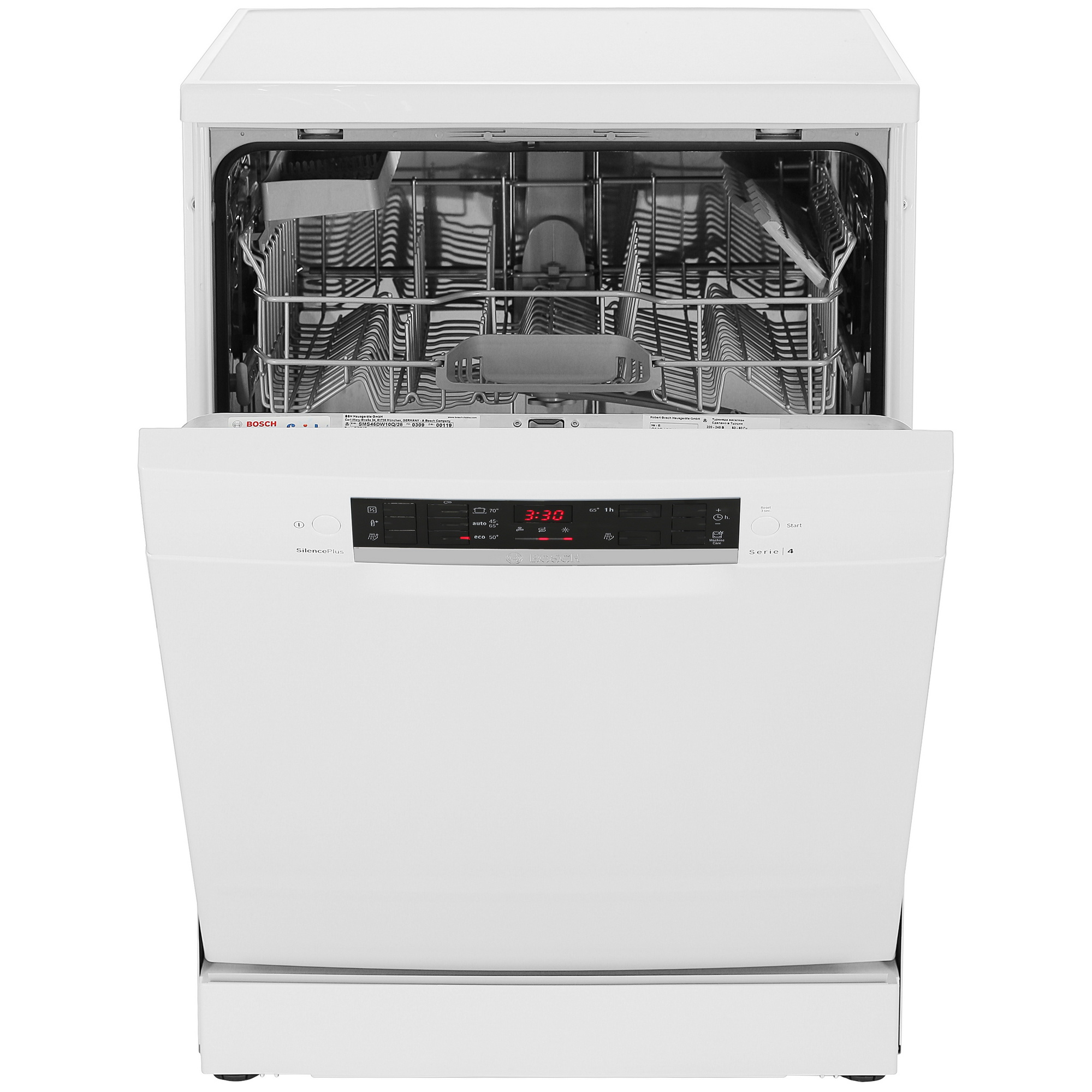 Bosch SMS45DW10Q посудомоечная машина белая вид спереди с открытой дверцей и цифровым дисплеем