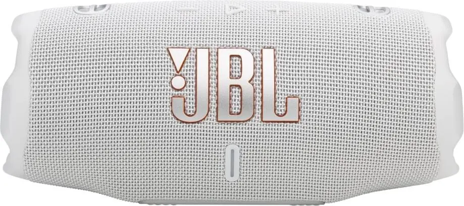 JBL Charge 6 White вид сверху &mdash; панель управления с кнопками и логотипом JBL