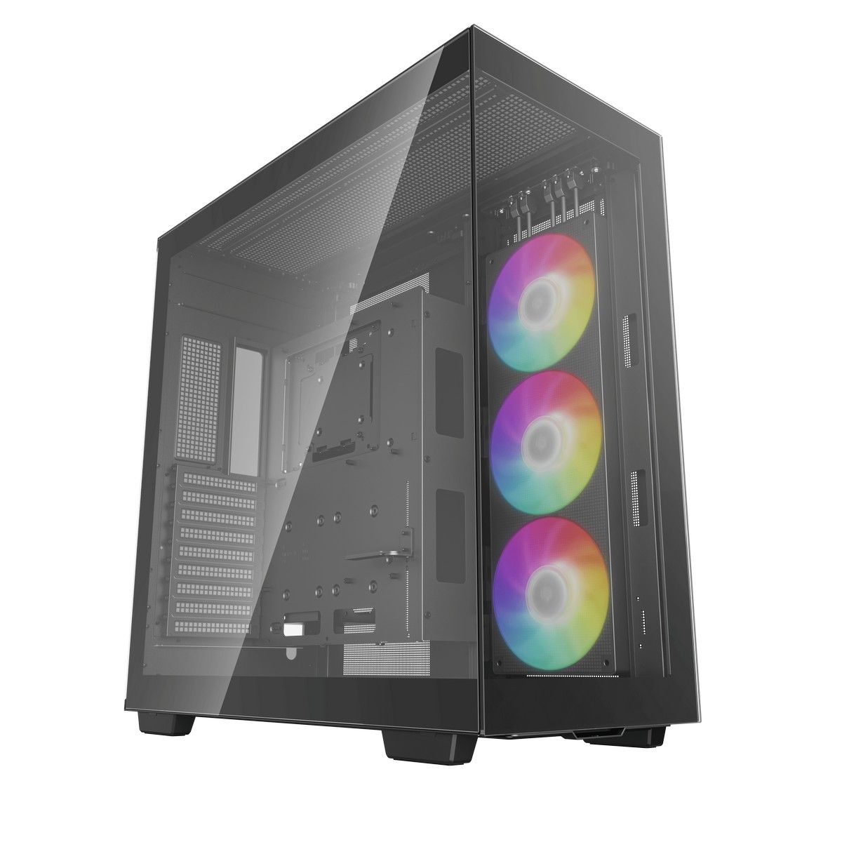 DeepCool CH780 вид под углом закалённое стекло боковая панель три RGB вентилятора чёрный матовый корпус