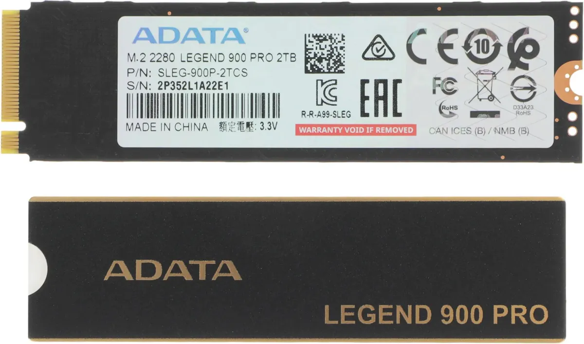 ADATA Legend 900 Pro 2TB — этикетка с характеристиками, форм-фактор M.2 2280, сертификаты CE и RoHS