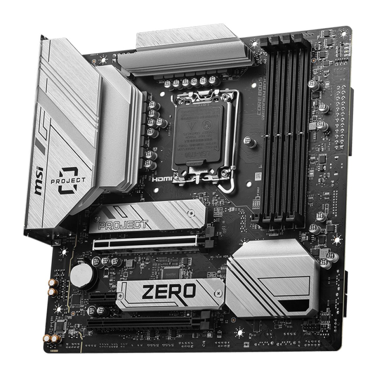 MSI B760M Project Zero под углом — сокет LGA1700 с радиатором охлаждения, четыре слота DDR5 и система питания VRM