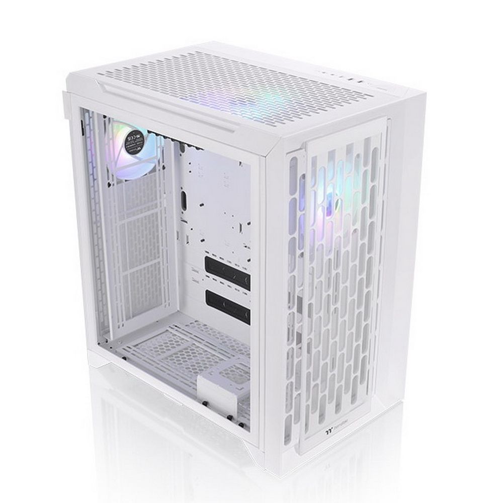Thermaltake CTE C700 TG ARGB Snow вид 3/4 с открытой боковой панелью и ARGB-подсветкой вентиляторов