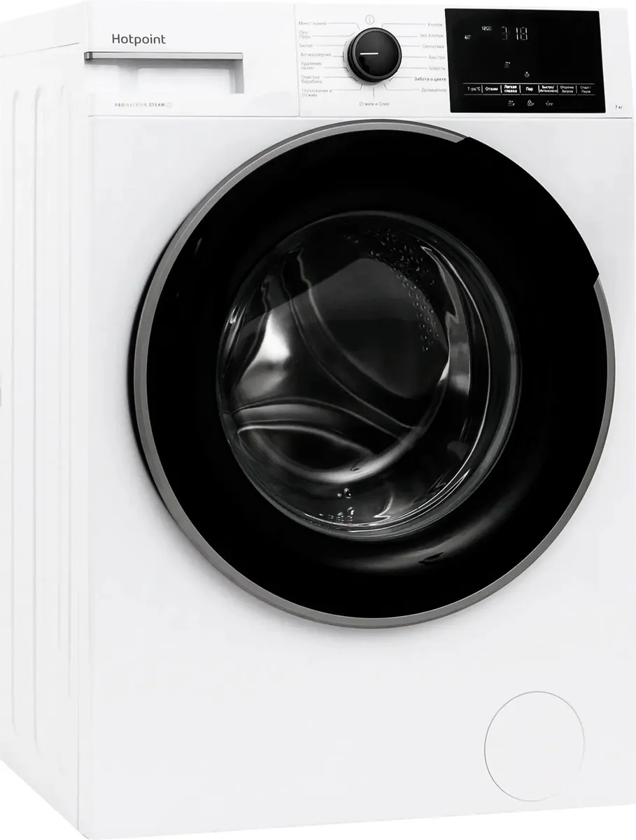 Hotpoint WSH 7290 VWB трёхчетвертной вид белый корпус серебристый люк панель управления