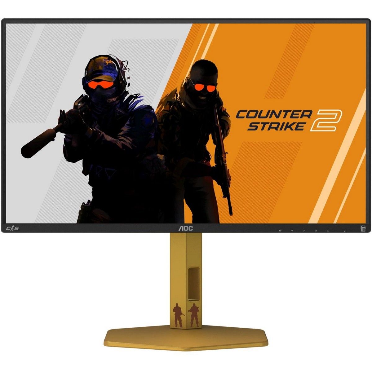 AOC CS25G фронтальный вид, чёрная рамка безеля, золотистая подставка с октагональной базой