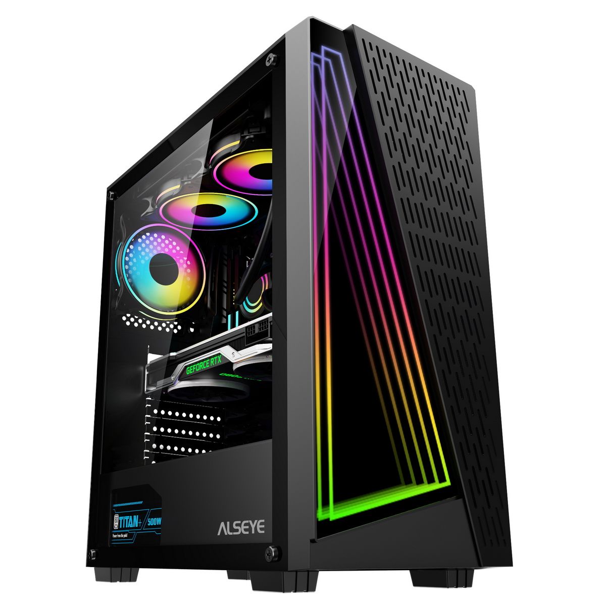 Alseye X3-B вид спереди с RGB-подсветкой и прозрачной боковой панелью