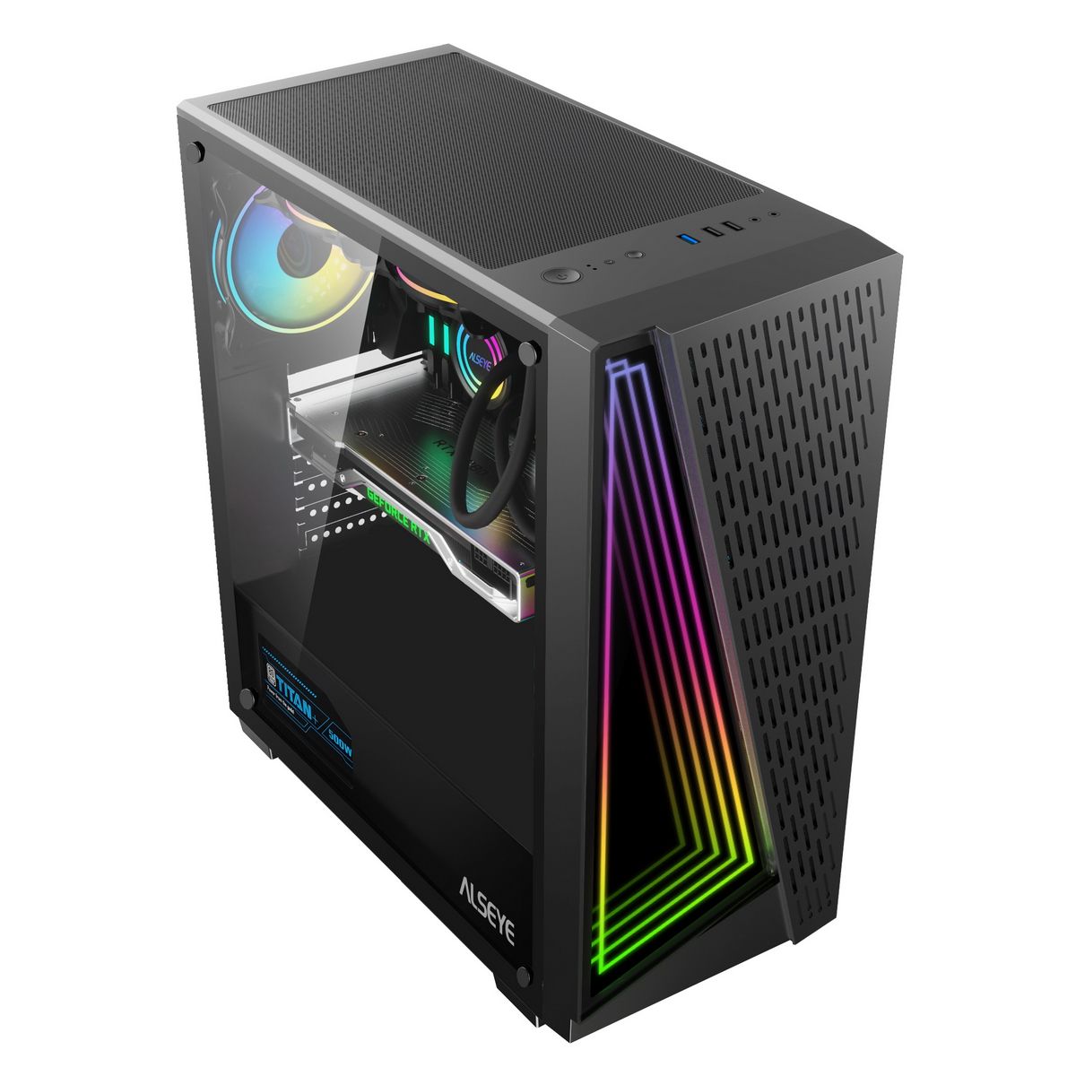 Alseye X3-B внутренняя компоновка с RGB-вентилятором и верхней панелью портов