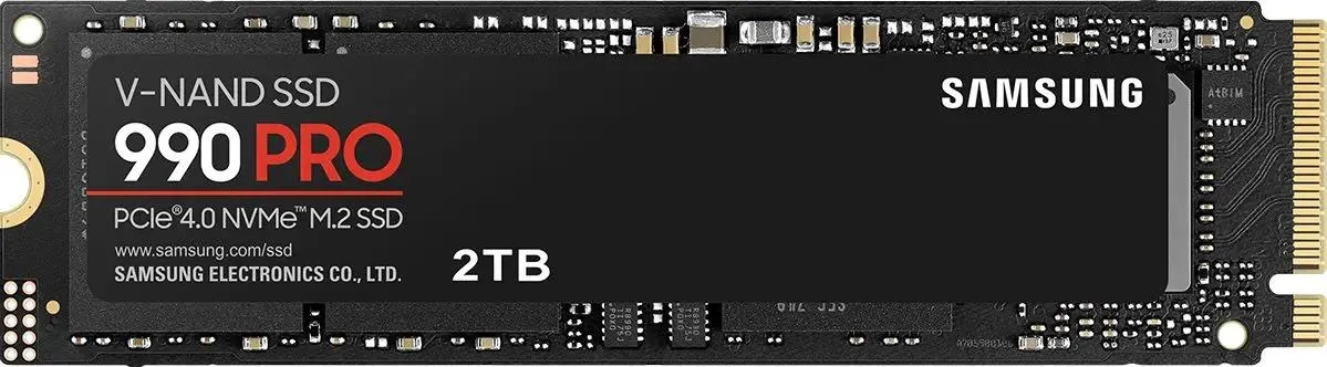 Samsung 990 Pro Black 2TB M.2 NVMe вид спереди — чёрный корпус, золотистые контакты, логотип Samsung