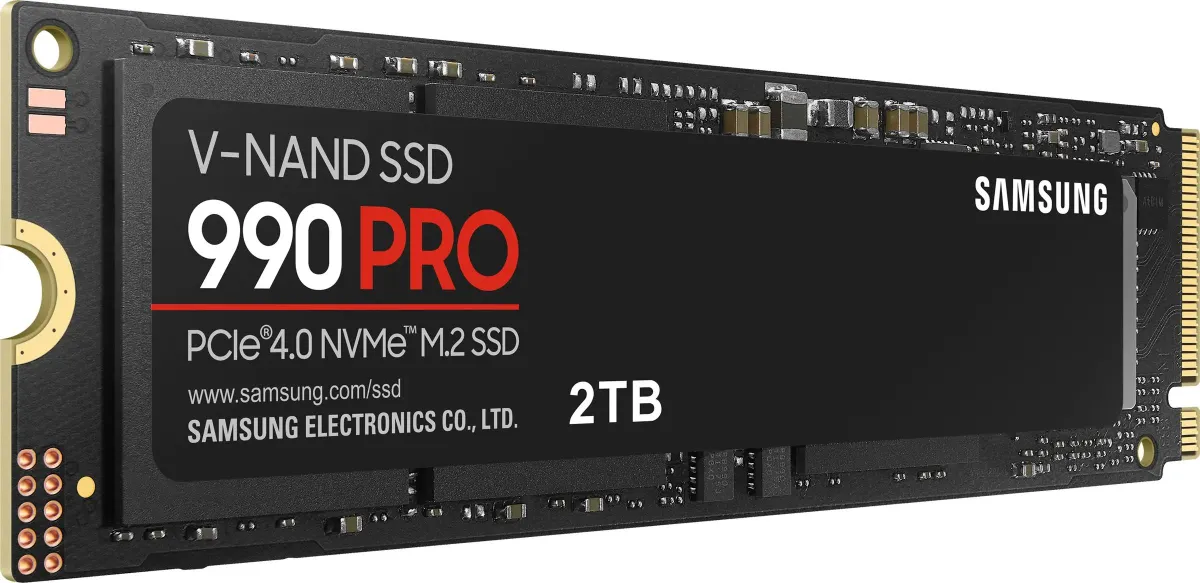 Samsung 990 Pro Black 2TB объёмный вид слева — слои микросхем, компактная длинная форма M.2