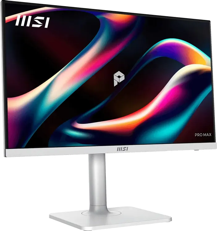 MSI PRO MAX 271PHW E14 вид спереди на подставке с демонстрацией цветопередачи IPS-панели